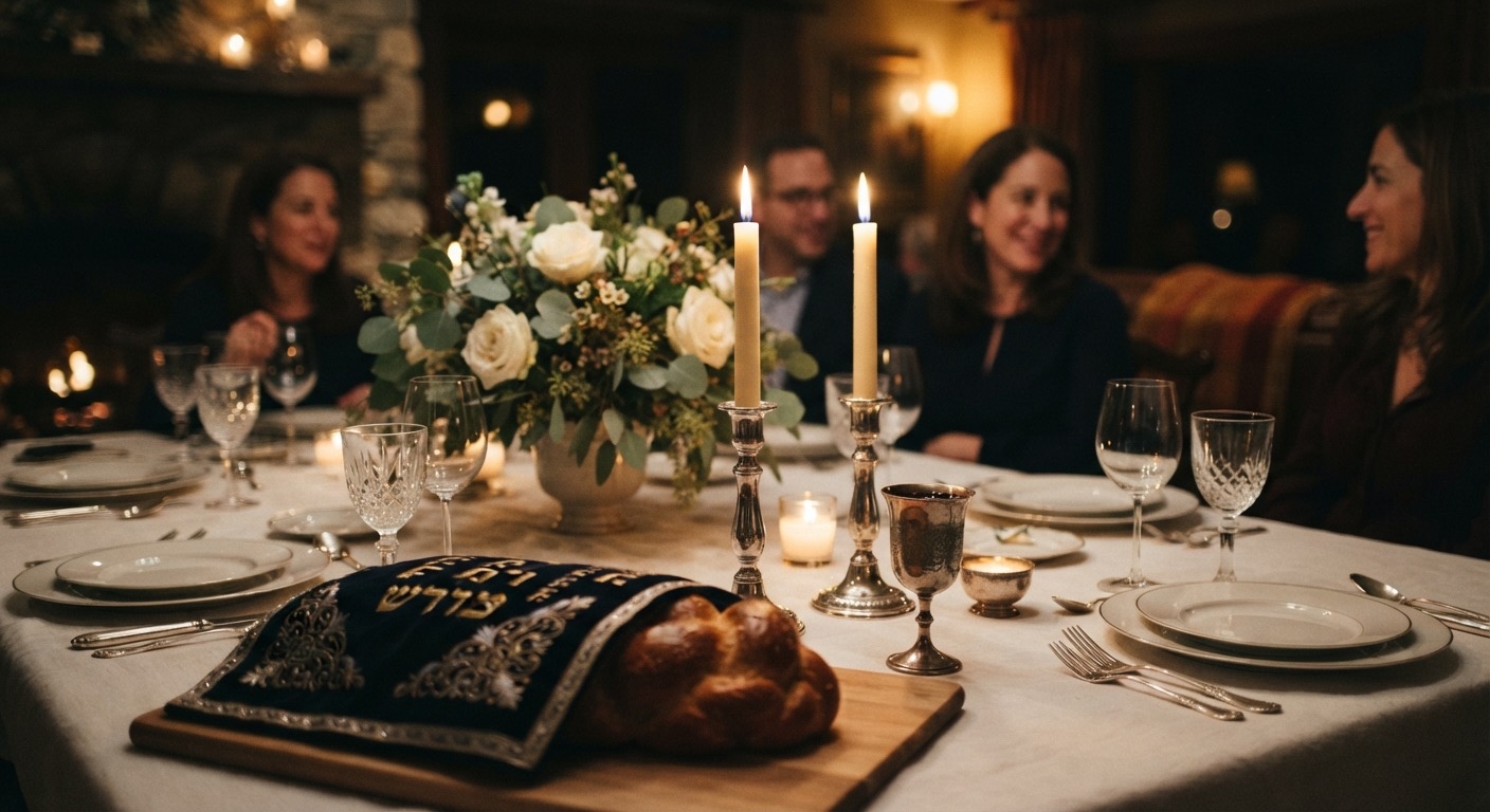 Shabbat table with lit candles, challah, and kiddush cup