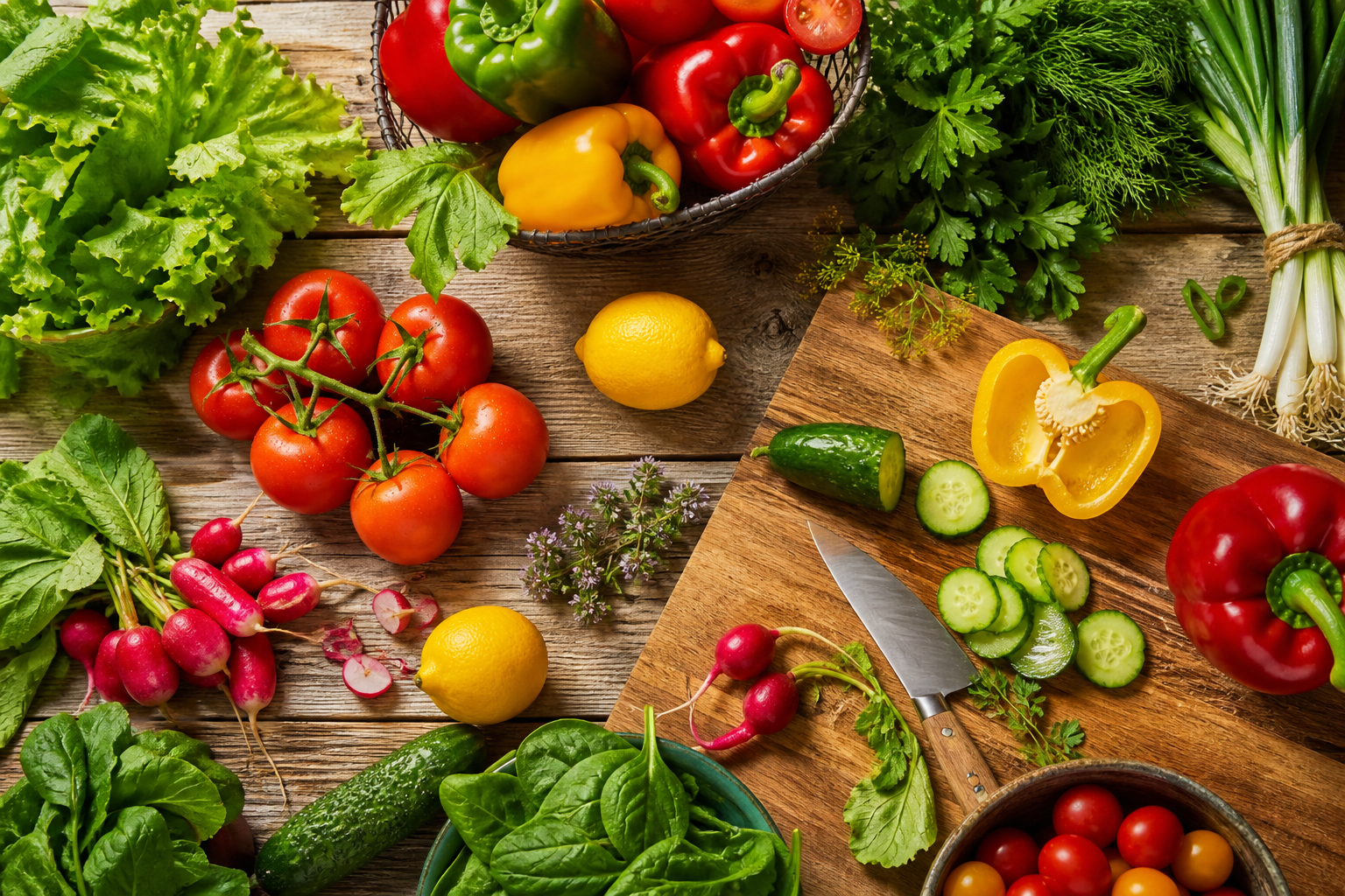 Farm-fresh vegetables and herbs on a wooden table